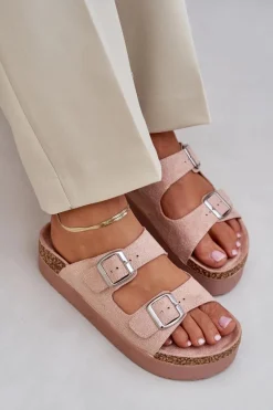 Klapki Damskie Na Masywnej Platformie Z Klamrami Różowe Aramia