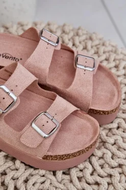 Klapki Damskie Na Masywnej Platformie Z Klamrami Różowe Aramia