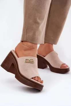 Klapki Damskie Na Masywnym Obcasie Ze Złotym Detalem Vinceza 17400 Beżowe