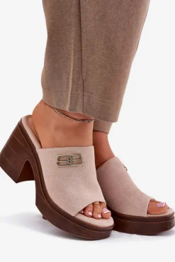 Klapki Damskie Na Masywnym Obcasie Ze Złotym Detalem Vinceza 17400 Beżowe