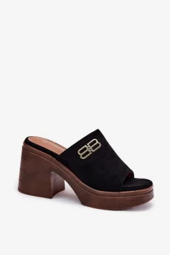 Klapki Damskie Na Masywnym Obcasie Ze Złotym Detalem Vinceza 17400 Czarne