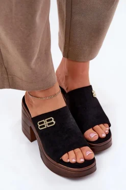 Klapki Damskie Na Masywnym Obcasie Ze Złotym Detalem Vinceza 17400 Czarne