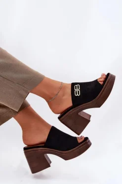 Klapki Damskie Na Masywnym Obcasie Ze Złotym Detalem Vinceza 17400 Czarne