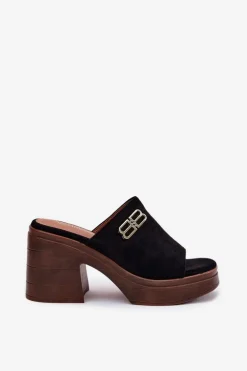 Klapki Damskie Na Masywnym Obcasie Ze Złotym Detalem Vinceza 17400 Czarne