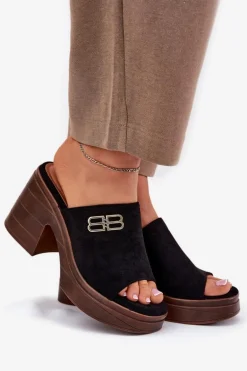 Klapki Damskie Na Masywnym Obcasie Ze Złotym Detalem Vinceza 17400 Czarne