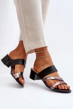 Klapki Damskie Na Niskim Obcasie Czarne Rosila