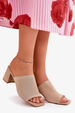 Klapki Damskie Na Obcasie Typu Słupek Beżowe Wenilan