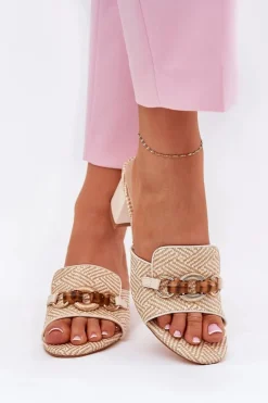 Klapki Damskie Na Obcasie Z Ozdobą Beżowe Ovittole