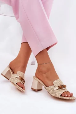 Klapki Damskie Na Obcasie Z Ozdobą Beżowe Ovittole