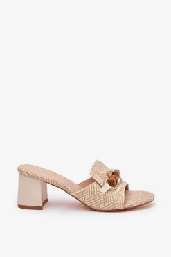 Klapki Damskie Na Obcasie Z Ozdobą Beżowe Ovittole