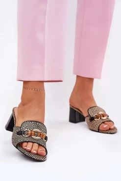 Klapki Damskie Na Obcasie Z Ozdobą Czarne Ovittole