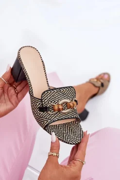 Klapki Damskie Na Obcasie Z Ozdobą Czarne Ovittole