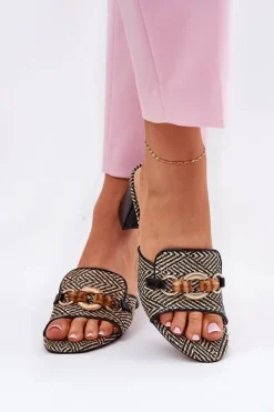 Klapki Damskie Na Obcasie Z Ozdobą Czarne Ovittole