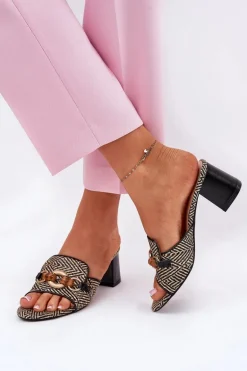 Klapki Damskie Na Obcasie Z Ozdobą Czarne Ovittole