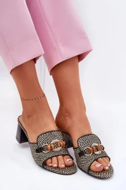 Klapki Damskie Na Obcasie Z Ozdobą Czarne Ovittole