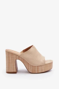 Klapki Damskie Na Obcasie Słupku Beżowe Siobhan