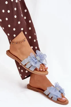 Klapki Damskie Na Płaskim Obcasie Z Tiulową Kokardą Jeansowe Tanira