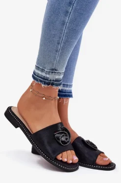 Klapki Damskie Na Płaskim Obcasie Z Ozdobnym Detalem KV51-007 Czarne