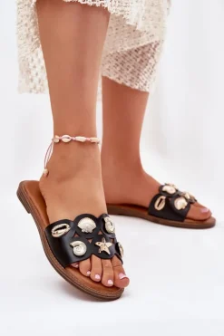 Klapki Damskie Na Płaskim Obcasie Ze Złotymi Przypinkami Czarne Nalothiel