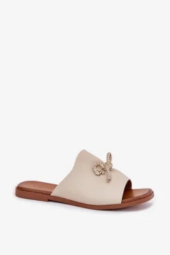 Klapki Damskie Na Płaskim Obcasie Z Ozdobnym Wiązaniem Beżowe Norela
