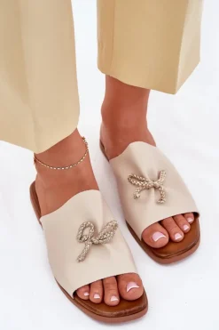 Klapki Damskie Na Płaskim Obcasie Z Ozdobnym Wiązaniem Beżowe Norela