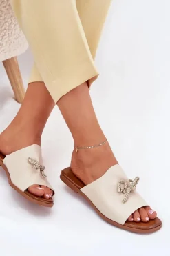 Klapki Damskie Na Płaskim Obcasie Z Ozdobnym Wiązaniem Beżowe Norela