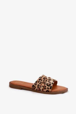 Klapki Damskie Na Płaskim Obcasie Z Wycięciami Panterka Brązowe Teterre