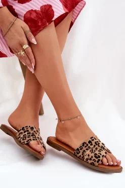 Klapki Damskie Na Płaskim Obcasie Z Wycięciami Panterka Brązowe Teterre