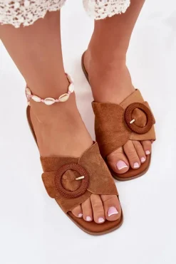 Klapki Damskie Na Płaskim Obcasie Z Klamrą Camel Lanoni