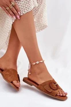 Klapki Damskie Na Płaskim Obcasie Z Klamrą Camel Lanoni