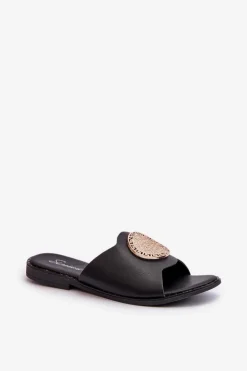 Klapki Damskie Na Płaskim Obcasie Z Ozdobą Czarne Rivashea