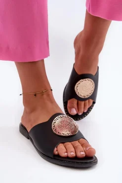 Klapki Damskie Na Płaskim Obcasie Z Ozdobą Czarne Rivashea