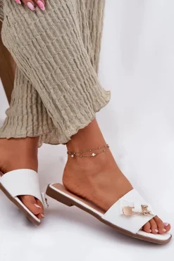 Klapki Damskie Na Płaskim Obcasie Z Kokardą Białe Sallariela