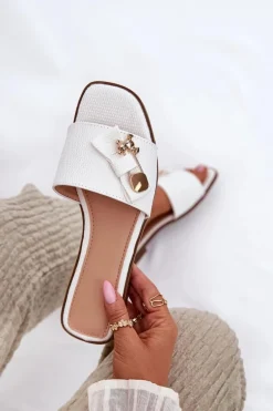 Klapki Damskie Na Płaskim Obcasie Z Kokardą Białe Sallariela