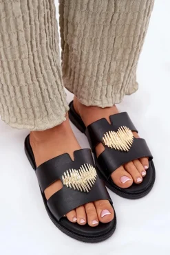 Klapki Damskie Na Płaskim Obcasie Ze Złotą Ozdobą Czarne Karinma