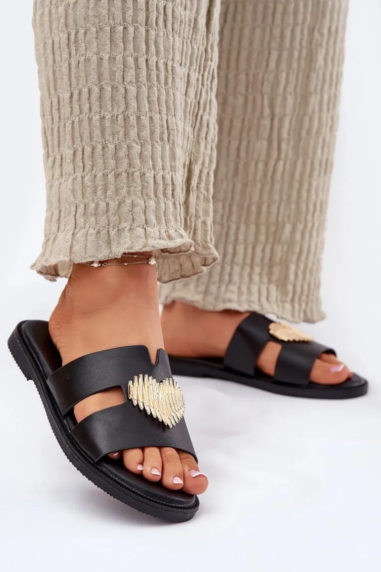 Klapki Damskie Na Płaskim Obcasie Ze Złotą Ozdobą Czarne Karinma