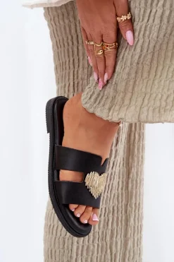 Klapki Damskie Na Płaskim Obcasie Ze Złotą Ozdobą Czarne Karinma