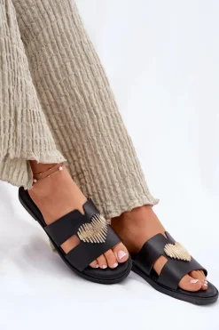 Klapki Damskie Na Płaskim Obcasie Ze Złotą Ozdobą Czarne Karinma