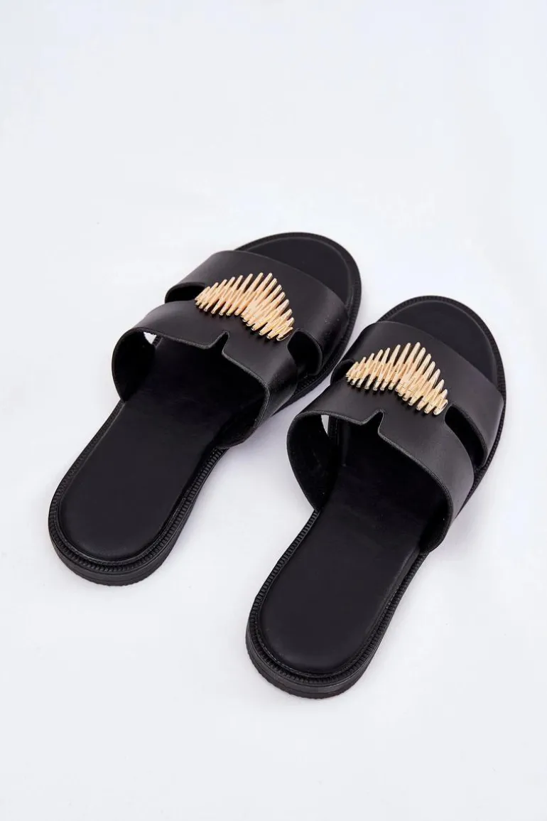 Klapki Damskie Na Płaskim Obcasie Ze Złotą Ozdobą Czarne Karinma