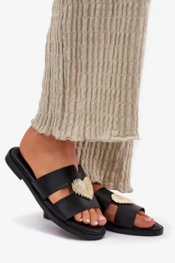 Klapki Damskie Na Płaskim Obcasie Ze Złotą Ozdobą Czarne Karinma