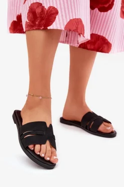 Klapki Damskie Na Płaskim Obcasie Z Wycięciami Eko Zamszowe Czarne Teterre