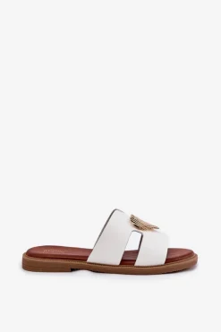 Klapki Damskie Na Płaskim Obcasie Ze Złotą Ozdobą Białe Karinma