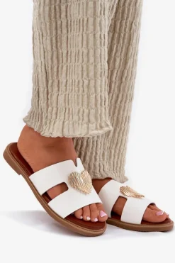 Klapki Damskie Na Płaskim Obcasie Ze Złotą Ozdobą Białe Karinma