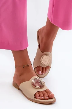 Klapki Damskie Na Płaskim Obcasie Z Ozdobą Beżowe Rivashea