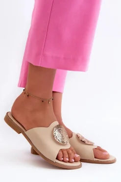 Klapki Damskie Na Płaskim Obcasie Z Ozdobą Beżowe Rivashea