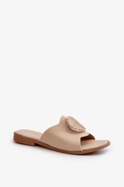 Klapki Damskie Na Płaskim Obcasie Z Ozdobą Beżowe Rivashea