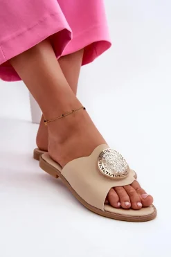 Klapki Damskie Na Płaskim Obcasie Z Ozdobą Beżowe Rivashea