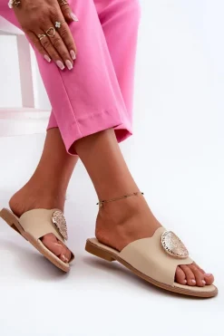 Klapki Damskie Na Płaskim Obcasie Z Ozdobą Beżowe Rivashea
