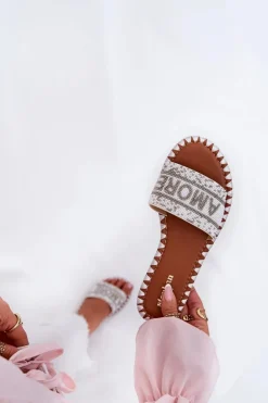 Klapki Damskie Na Płaskim Obcasie Ze Zdobieniem Białe Dorfedi