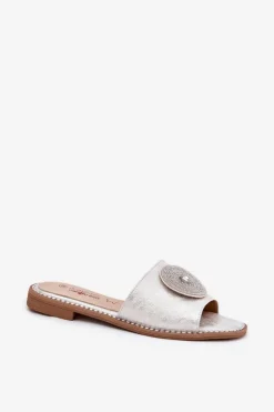 Klapki Damskie Na Płaskim Obcasie Z Ozdobą S.Barski KV51-013 Srebrne